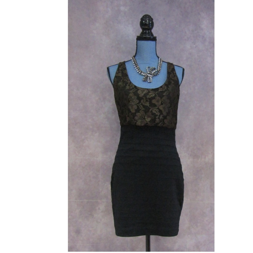 Express Black & Gold Bodycon Dress Mesh Lace Sz M
